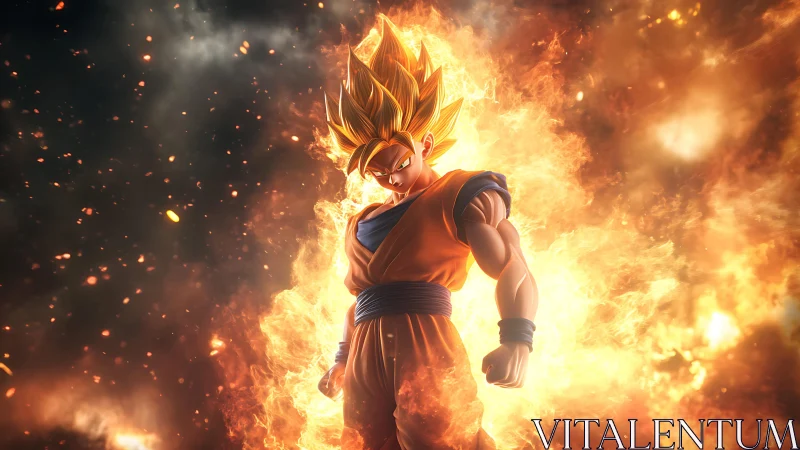 Flaming warrior ascends amid explosive cosmic inferno glow.