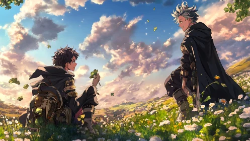 Cloaked wanderers rest in luminous spring valley meadow.