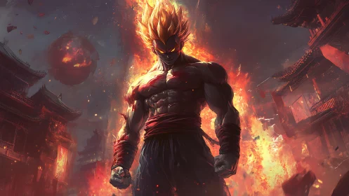 Fiery warrior stands in front of burning ancient city ruins