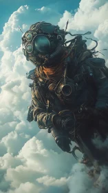 Skybound explorer drifts through clouds in retro tech suit.