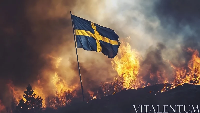 Swedish Flag Against Raging Wildfire: Dramatic Nordic Resilience Symbol