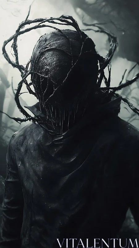 Humanoid figure with vine-wrapped head in misty forest.