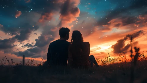 Couple Gazing at Starlit Sunset Over Wild Meadow