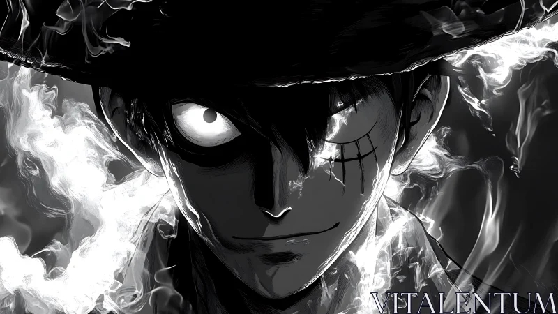 High-contrast anime portrait with luminous eyes and volumetric smoke