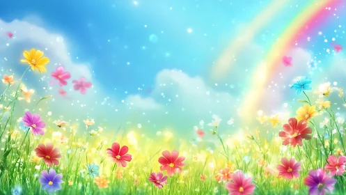 Digital flower field with composite rainbow and atmospheric luminosity rendering