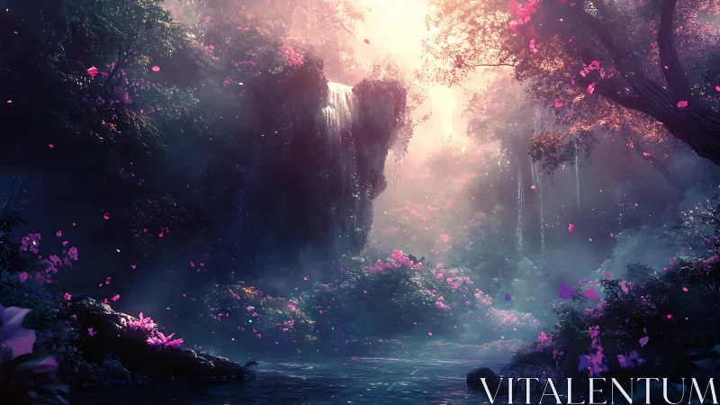 Enchanted waterfall grove glows through luminous mist.