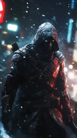 Hooded cyber assassin in neon winter stormscape.