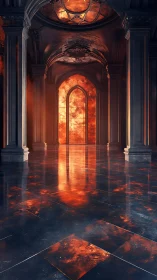 Gothic vaulted arcade with molten light reflections on marble