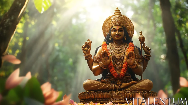 Golden Hindu deity statue in forest light with lotus blooms.