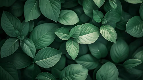 Overhead view of dense green foliage with broad leaves.