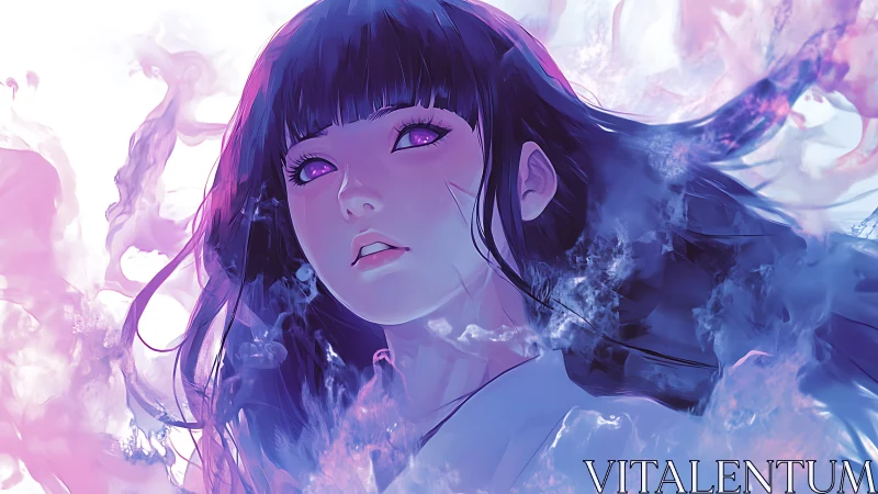 Purple eyed anime girl in swirling pink blue mist portrait.