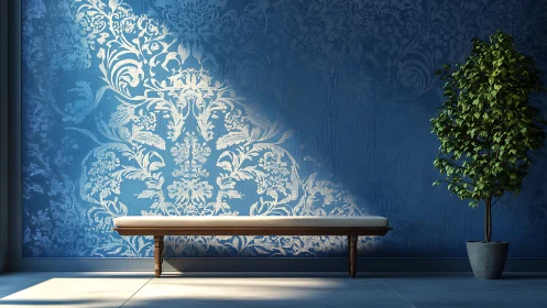 Sunlit bench rests before ornate blue damask wall art