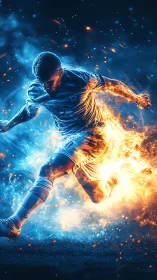Digital painting of fiery soccer striker in dual-color motion blur.