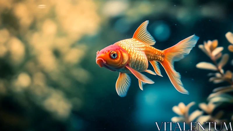 Golden goldfish gliding gently through a dreamy blue pond.