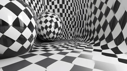 Curved checkerboard environment with reflective spheres demonstrating UV distortion