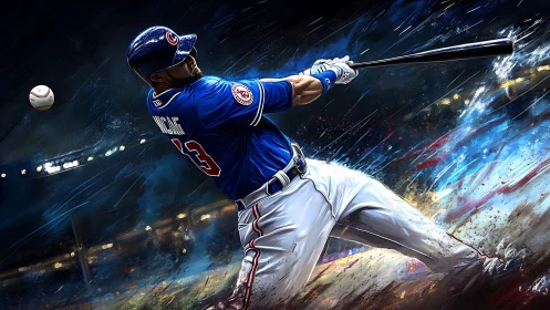 Dynamic digital painting of a power hitter mid-swing at night.