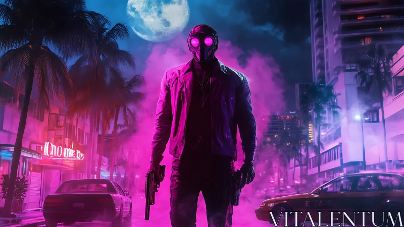 Masked gunman in neon city street under full moon.