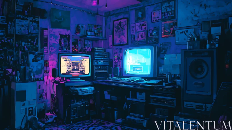 Retro neon workstation with dual CRT monitors at night.