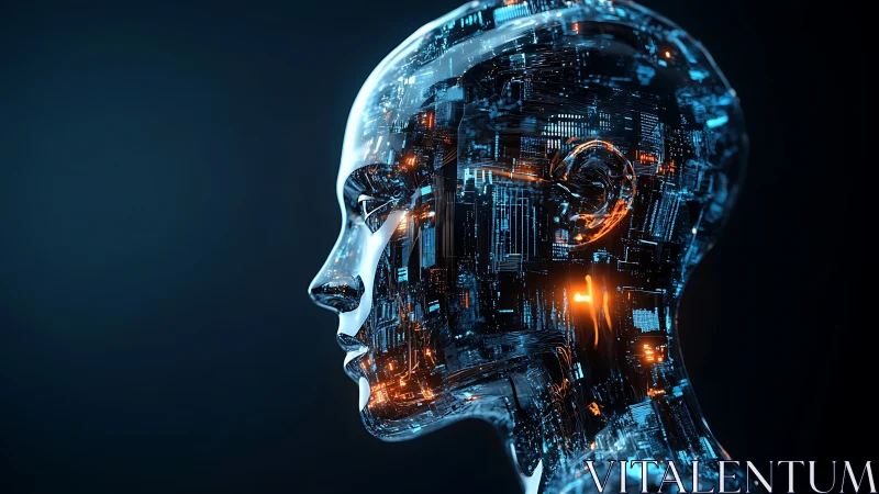 Transparent humanoid head reveals dense illuminated circuitry