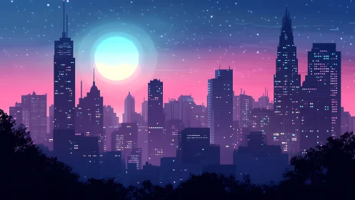 Neon dusk city skyline under large moonlit sky.