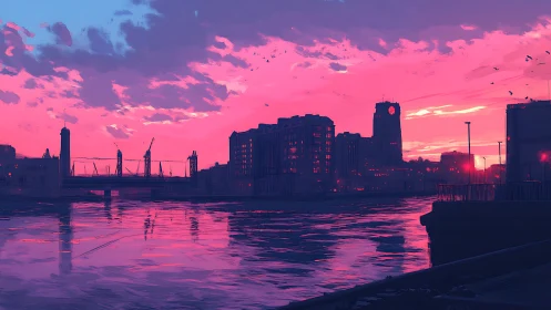 City waterfront skyline under vivid pink sunset glow.