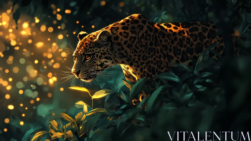 Golden Leopard Prowling Through Magical Forest Light