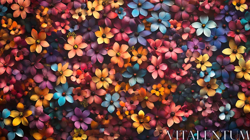 Vibrant digital collage of multicolor blooming flowers.