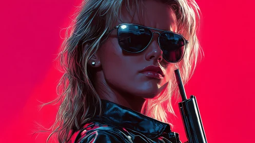 Retro neon sharpshooter in glossy leather with rifle profile