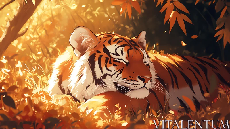Sunlit tiger rendered in warm bokeh-lit foliage with soft shading