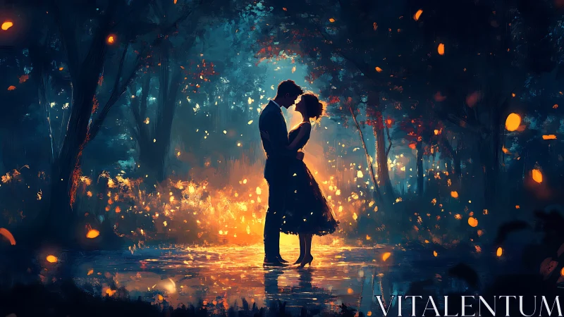 Couple embracing in forest glow. Romance surrounded by golden particles.