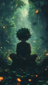Bioluminescent forest meditation with silhouetted anime figure.