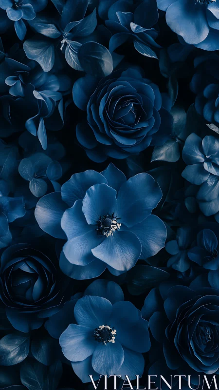 Deep Blue Botanical Composition: Layered Rose and Floral Hybrid Arrangement