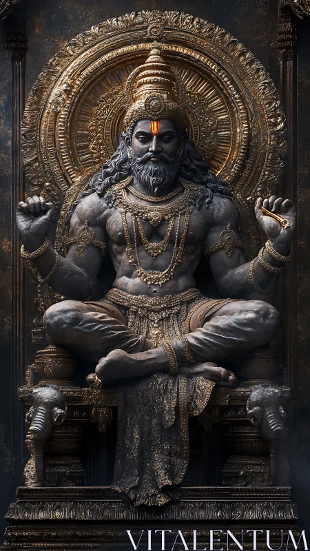 Majestic seated deity statue with ornate golden halo.