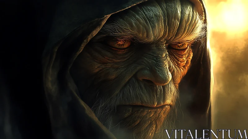 Brooding hooded elder gazes into glowing golden light calmly