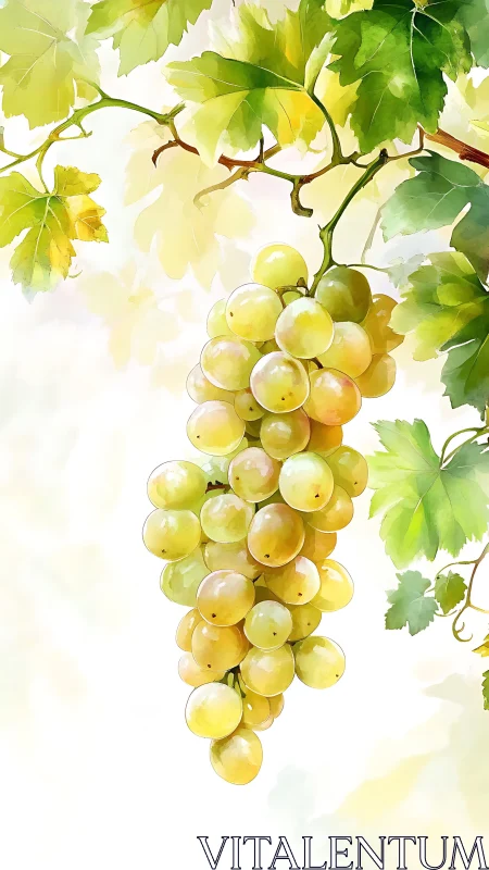 Watercolor study of white grape cluster with luminous foliage.