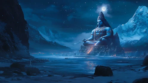 Large blue deity statue overlooks frozen valley at night