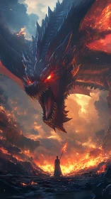 Lone mage confronts colossal fire dragon amid seething lava