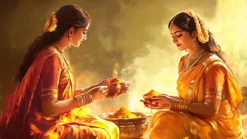Two women in traditional Indian attire preparing turmeric, digital art.