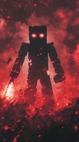 Pixel warrior emerging from blazing red storm of sparks.