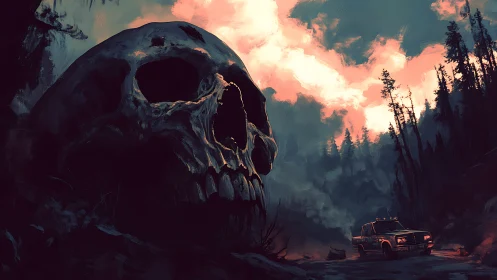 Giant skull structure beside forest road at dusk.