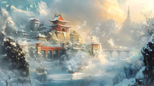 Snowlit mountain temples crowned by drifting golden dawn.