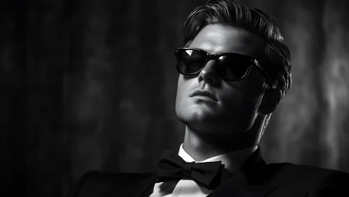 Confident man in tuxedo exudes cinematic noir sophistication