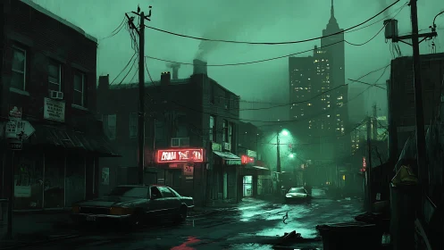 Neon rain quietly stitches gloom to a distant city spine