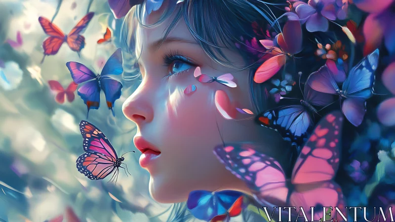 Girl gazes at luminous butterflies in soft fantasy glow