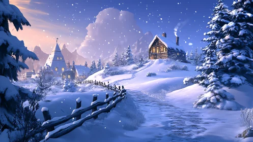 Snowlit cabin trail curling toward a storybook winter village.