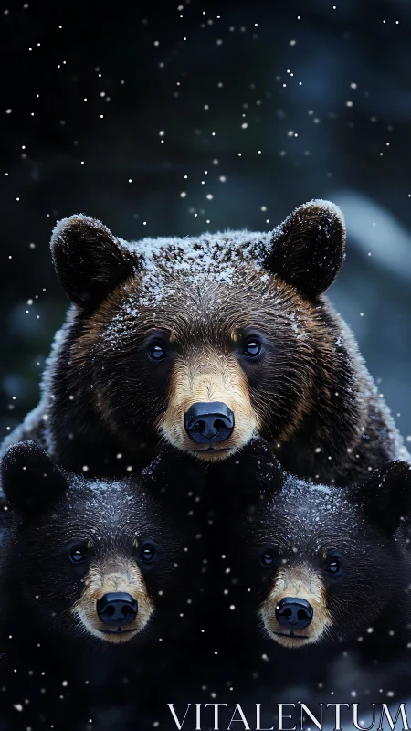 Mother bear and two cubs in falling winter snow.