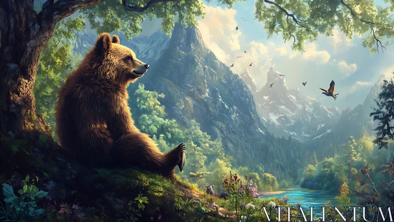Bear Relaxing in Sunlit Forest Valley, Whimsical Digital Art.