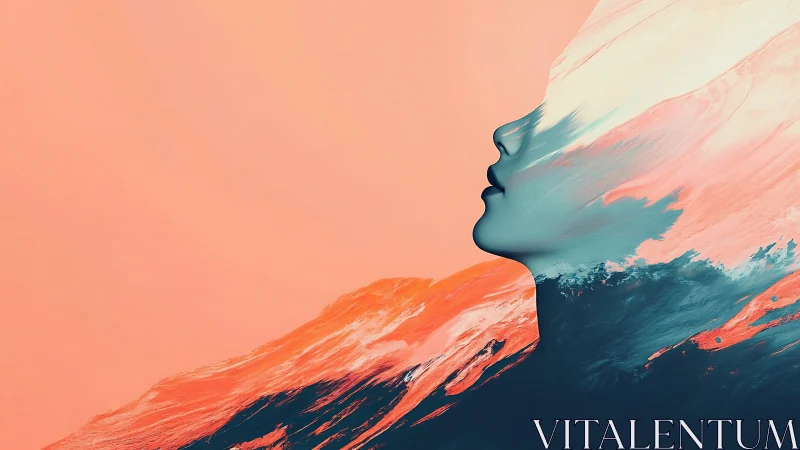 Surreal profile silhouette merging with abstract tides.