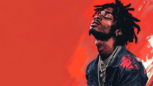 Digital portrait of rapper in bold red expressive background.