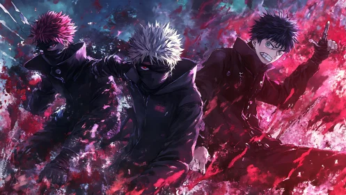 Dynamic trio unleashing fierce energy in vivid battle scene.